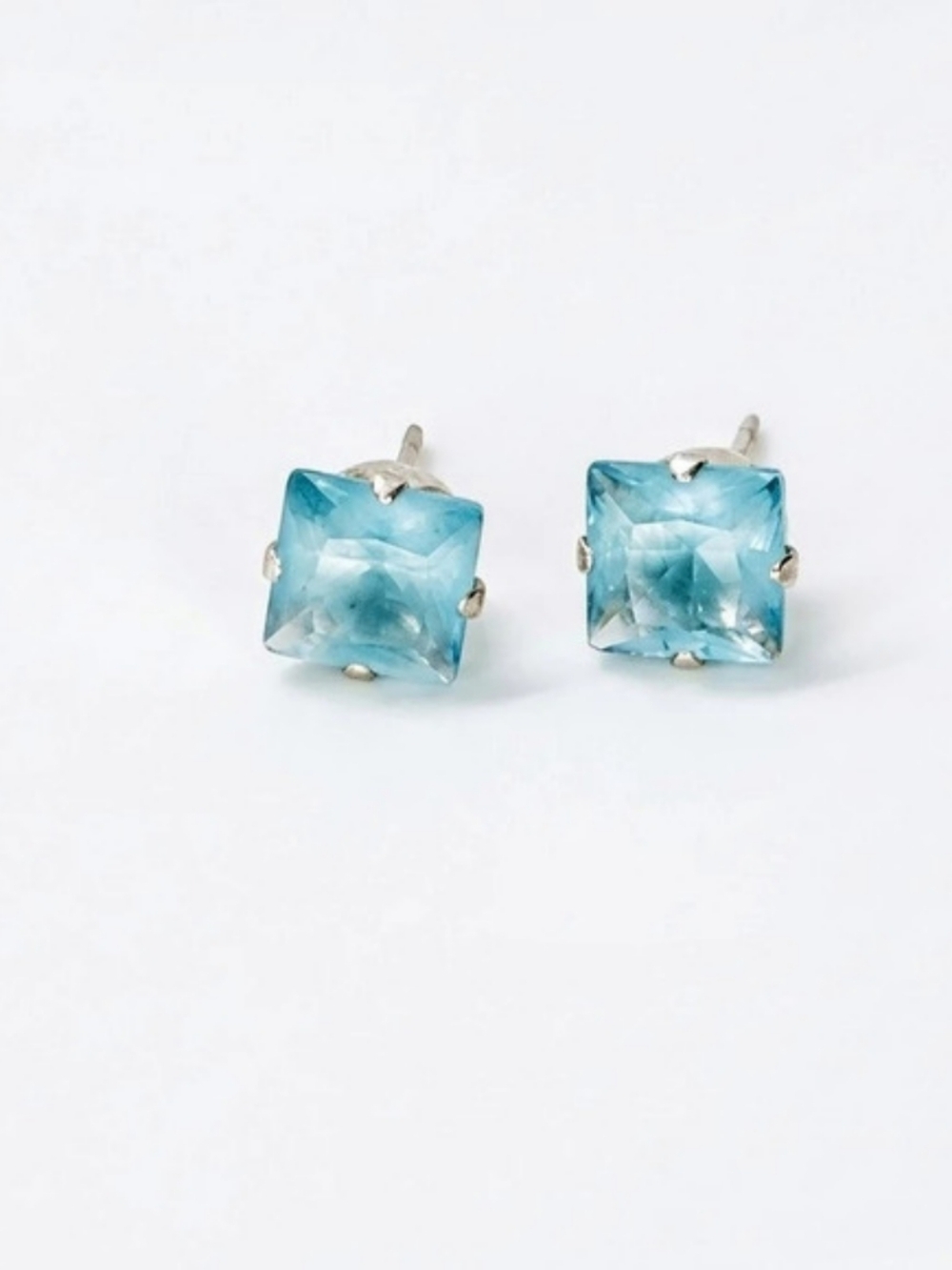 Vtg Sterling Silver 925 Princess Cut Blue Topaz Stud Earrings Bridal Jewelry